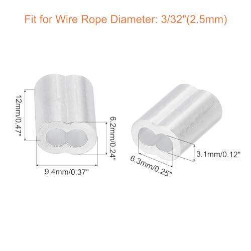 uxcell 100Pcs Aluminum Crimping Loop Sleeve for 3/32" Diameter Wire Rope, Double Ferrule Aluminum Wire Rope Sleeve for Cable Line End - size: 3/32"