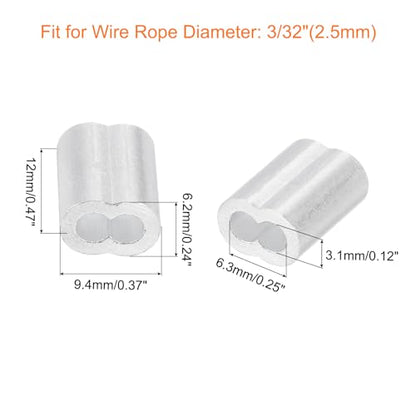 uxcell 100Pcs Aluminum Crimping Loop Sleeve for 3/32" Diameter Wire Rope, Double Ferrule Aluminum Wire Rope Sleeve for Cable Line End - size: 3/32"