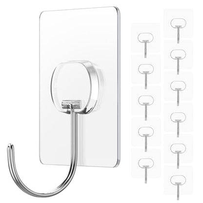 JINSHUNFA Adhesive Wall Hooks 13LB Heavy Duty No Drill Large Transparent Waterproof Hooks for Bathroom Kitchen Towel Coat 12 Pack - color: Clear, size: Large 12 Pcs