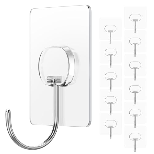 JINSHUNFA Adhesive Wall Hooks 13LB Heavy Duty No Drill Large Transparent Waterproof Hooks for Bathroom Kitchen Towel Coat 12 Pack - color: Clear, size: Large 12 Pcs