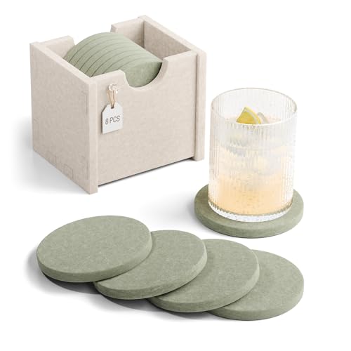 Fluxynara Felt Coasters for Drinks, Set of 8 Absorbent Coasters with Holder, Heat-Resistant & Reusable Round Design for Coffee Table & Living Room, 3.94 Inch, Sage - color: Sage, size: Round - 8 Count