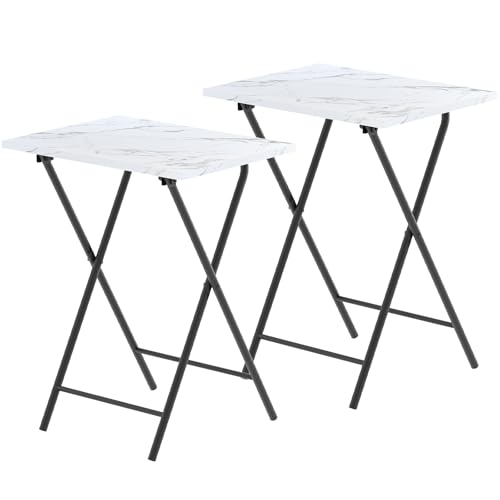 Folding TV Tray Table Set of 2, Portable Foldable TV Dinner Tray, Space-Saving Snack Serving Sofa Side Table, Easy to Fold Stable TV Trays for Living Room, Bedroom, Small Spaces (White Marble + Black) - color: White Marble + Black, size: 2 PCS