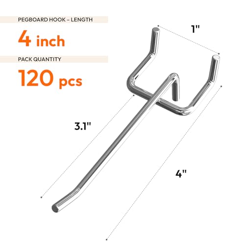 JEAWIWI 120 Pack 4 Inch Metal Pegboard Hooks, Fit 1/4 in and 1/8 in Peg Board Organizer Accessories, for Hanging Storage, Garages, Tool Sheds, Basements - size: 4IN 120PCS