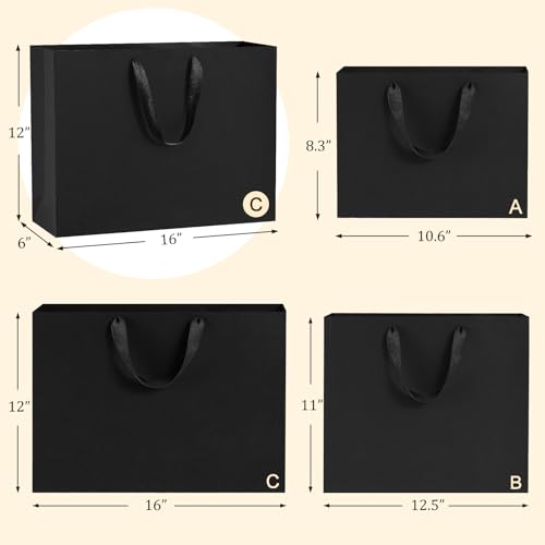 BagDream 16x6x12 Inch 3pcs Large Black Gift Bags with Handles Matte Black Paper Bags For Men's Gift, Birthday Party Favors, Wedding, Shopping, Business, Father's Day - color: Black, size: 1 count (Pack of 3)