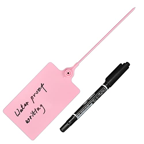 100 Plastic Shipping Tags - Waterproof, Writable, Hanging Tags with One Pink Marker Pen - color: Pink