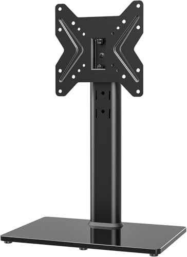 Universal Swivel TV/Table Top TV Stand for 19 to 43 inch TVs with 90 Degree Swivel, 4 Level Height Adjustable, Heavy Duty Tempered Glass Base, Holds up to 99LBS HT02B-001 - size: 13 x 9 x 19.5 inches (For 19"-43" TVs)