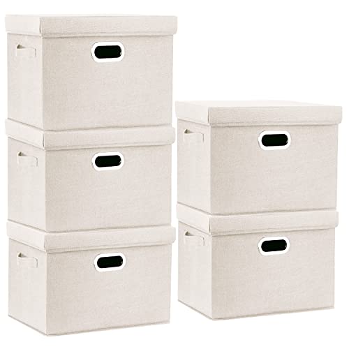 TYEERS Large Storage Bins with Lids, Collapsible, Washable, Fabric Storage Boxes for Organizing, 17.3x11.8x11.4 inches, 5 Pack, Beige - color: Beige, size: 5-Pack Large