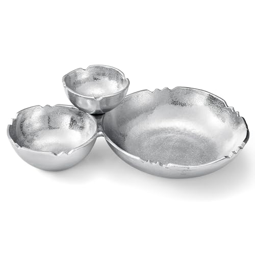 3-Compartment Silver Aluminum Chip and Dip Serving Bowl | 14.6” Large Clustered Snack Tray & Nut Dish for Parties | Decorative Textured Metal Candy Server Centerpiece for Home Table Decor, Home Gifts - color: Bright Silver 3 Cluster 14.6"