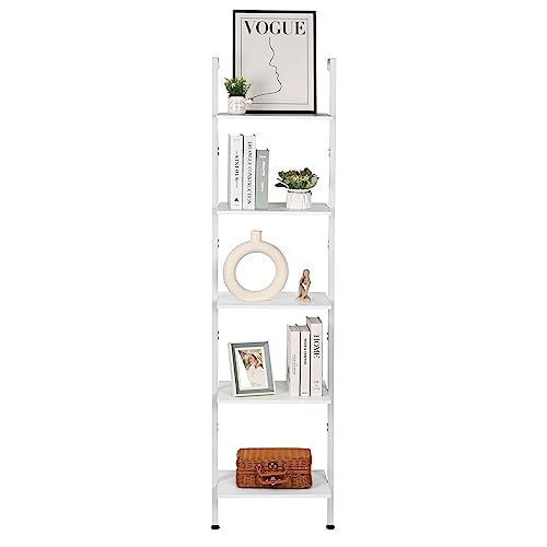 ELYKEN Ladder Shelf, White 5-Tier Wood Wall Mounted Bookshelf with Metal Frame, Modern Open Display Organizer Rack, Leaning Storage Shelves for Living Room, Bedroom, Home Office - color: White