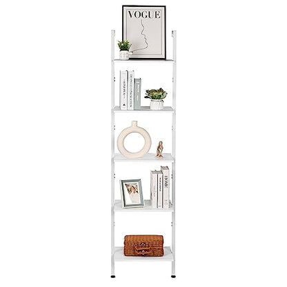 ELYKEN Ladder Shelf, White 5-Tier Wood Wall Mounted Bookshelf with Metal Frame, Modern Open Display Organizer Rack, Leaning Storage Shelves for Living Room, Bedroom, Home Office - color: White