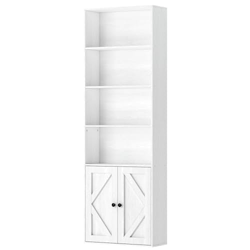 Bookshelf, 6-Tier Floor Bookcase with 2 Bottom Doors, 9.29"x23.62"x70.86", Storage Cabinet Bookshelves for Home Office, Living Room, Bedroom-White - color: Industrial White