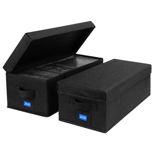 DVD Storage Box with Handles and Lid – DVD Case Holder Organizer with External Label Slots, Stackable DVD Storage Case for Dust-Free and Space-Saving Media Storage，2Pack-Black - size: DVD-2PACK