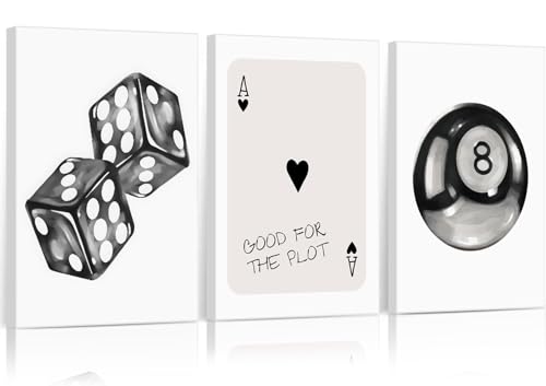3Pcs Black and White Game Room Canvas Wall Art Vintage Dice Ace Of Spades 8 Ball Wall Decor Trendy Poker Billiards Posters Prints For Man Cave Bar Living Room Bedroom 16x24in Ready to Hang - color: Black & White, size: 24"L x 16"W