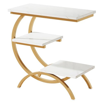 Tribesigns C-Shaped End Table, Industrial 3-Tier Small Side Table for Couch, Wood Bedside Table Snack Side Table with Storage Shelves for Living Room Small Space, White Gold - color: White Gold