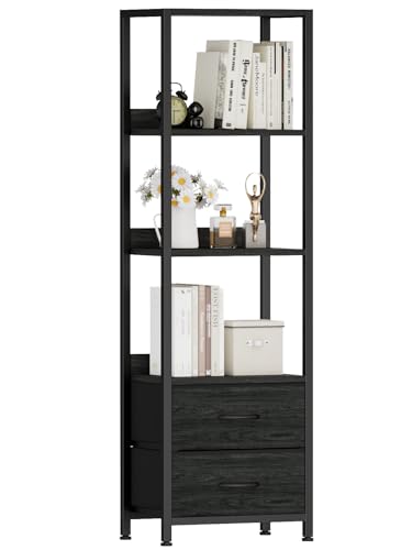 Furnulem 4-Tier Corner Shelf, Bookshelf with 2 Storage Drawers, 57.28”Tall Narrow Bookcase, Standing Shelf Organizer Unit for Living Room, Bedroom, Metal Frame, Wood Display Shelf - color: Black Oak, size: 4 Tier