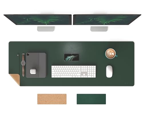 RENMTURE Dual-Sided Mouse Pad, Natural Cork & PU Leather Large Desk Pad for Office and Home Work, Desk Protector Non-Slip, Waterproof, Easy Clean (Dark Green, 47"x17") - color: Dark Green, size: 47"x17"