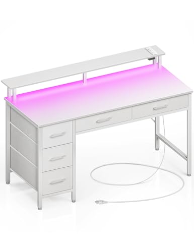 Seventable Computer Desk with Power Outlets & LED Light, 55 inch Home Office Desk with 5 Drawers, Writing Desk with Monitor Stand, Work Desk for Home Office, White - size: 55 inch