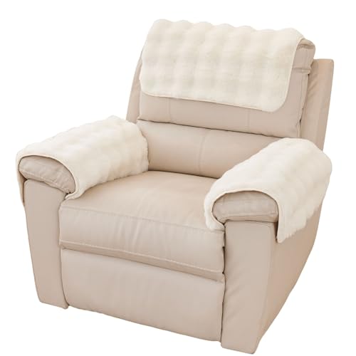 vctops 3 Pieces Faux Rabbit Fur Sofa Armrest Cover for Recliner Chair Non Slip Fluffy Furry Headrest Cover Soft Fuzzy Couch Cover for Dogs Washable Furniture Protector (Cream,1 Seat) - color: Cream