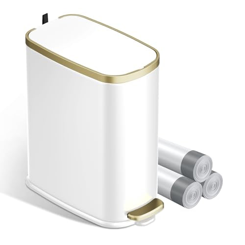 KUK Small Bathroom Trash Can with Lid Soft Close, Step Pedal, 2.6 Gal Stainless Steel Garbage Can with Removable Inner Bucket, Anti-Fingerprint Wastebasket for Office, Bedroom, Toilet (White) - color: Matt White-J-P