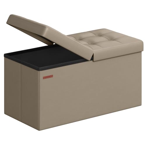 SONGMICS MAZIE Collection - 30 Inches Storage Ottoman Bench with Flipping Lid, Storage Chest Footstool, Load 660 lb, for Entryway, Living Room, Bedroom, Synthetic Leather, Camel Brown ULSF045K03 - color: Camel Brown, size: 15"D x 30"W x 15"H