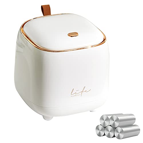 Mini Countertop Trash Can with 5 Rolls of Trash Bags, Waste Can with Press Type Lid, 0.5 Gallon/1.5 Liter Wastebasket Trash Can Dispenser, Mini Bin for Bathroom Vanity,Coffee Table (White) - color: White