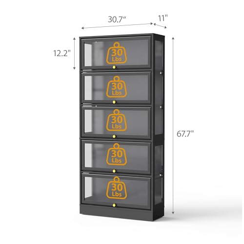 Display Cabinet with Acrylic Glass Doors,5-Tiers Curio Cabinet with LED Lighting for Collectibles, Collectibles Toy Organizers Rack & Display Shelf Display Case Storage Cabinet, Black - color: Black, size: 31" W x 67" H