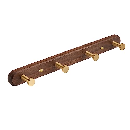 Wall Mounted Coat Rack, Entryway Hanging Rack, Metal Wood Coat Rail with 4 Rustic Hooks for Scarf, Bag, Towel, Key, Cup, Hat - Walnut Gold Matt - size: 4 Hooks - Round Shape
