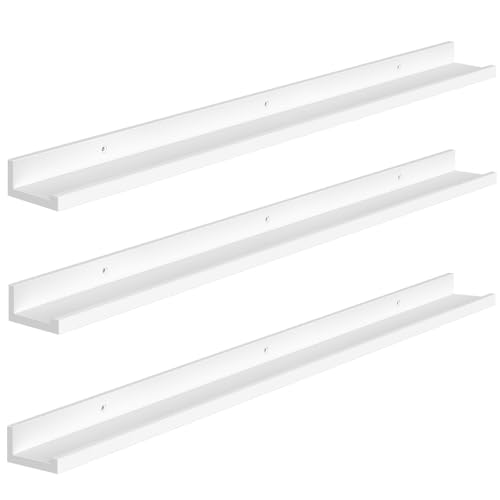 HOOBRO Floating Shelves, Wall Shelf Set of 3, 35.4 Inches Hanging Shelf with Raised Edge and Invisible Brackets, for Bathroom, Bedroom, Kitchen, Office, Living Room Decor, White WT90BJ01 - color: White, size: 35.4 Inches