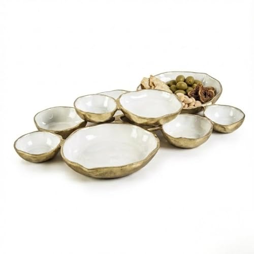 Cluster of 9 Round Serving Bowls Enamel Clusters Decorative Elegant Snack Tray for Olives, Chip & Dip, Nuts, Appetizers & Entertaining Strong Brass & Enamel Home Decor Gifts, Parties & Weddings 22" - color: Enamel White and Gold 9 Cluster 22"