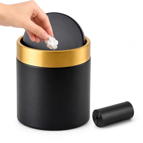 Mini Trash Can with Lid, Small Metal Desktop Trash Bin with Swing Lid, 1.5L / 0.4 Gal Countertop Waste Bin for Desk, Vanity, Bathroom, Coffee Bar and Office, Black - color: Black