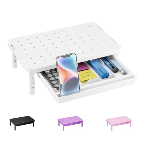 WALI Computer Monitor Stand with Storage, Desk Monitor Riser 3 Height Adjustable, Laptop Riser with Airflow Vents, Desk Organizer for Computer, Laptop, Printer (PTT002-W), 1 Pack, White - color: White, size: 14.6"L * 9.3"W,11" 1 Drawer