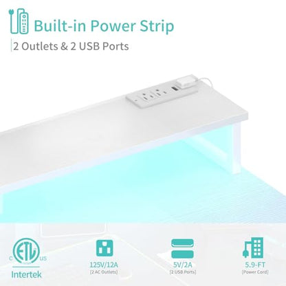 Lufeiya White Desk with Storage Shelves - 47 inch Home Office Gaming Desk with Monitor Stand, Computer Desk with LED Lights and Power Outlets, White - color: White