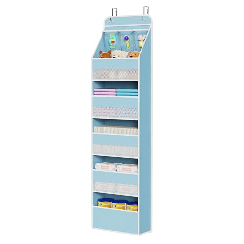 Univivi 6-Shelf Over Door Hanging Organizer Fabric Baby Door Storage with 5 Large Pockets and 3 Small PVC Pockets Wall Mount Hanging Storage Organizers for Baby Essential (Blue) - color: Blue, size: 6 LAYER