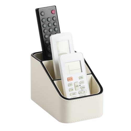 PU Leather Remote Control Holder, Small Desk Organizer Office Supply Bedside Caddy for Nightstand End Table Couch, Pen Remote Organizer with 3 Compartments (Cream) - color: Cream