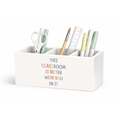 Teacher Quote Wooden Desk Organizer | “This Classroom Is Better With You In It” design; 3-compartment wooden pen holder for teacher desk decor or gift. - color: Better Classroom
