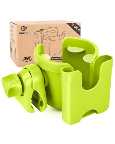 Universal Stroller Cup Holder with Mobile Phone Case, 2-in-1 Strollers Storage Rack, 360 Degrees Rotation Drink Holder for Bike, Pushchair, Wheelchair, Walker,Bicycle, Fits Most Cups (Green) - color: GREEN
