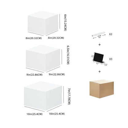 3 Pack Buffet Risers with 3 Signs and 2 Pen, White Food Risers for Buffet Table, Food Display Risers for Party, Acrylic Cube Display Nesting Risers with Hollow Bottoms for Catering Dessert Collectibles Jewelry (Size 8",9",10")