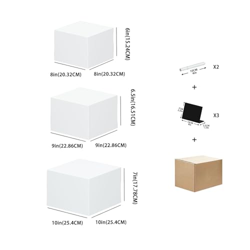 3 Pack Buffet Risers with 3 Signs and 2 Pen, White Food Risers for Buffet Table, Food Display Risers for Party, Acrylic Cube Display Nesting Risers with Hollow Bottoms for Catering Dessert Collectibles Jewelry (Size 8",9",10")