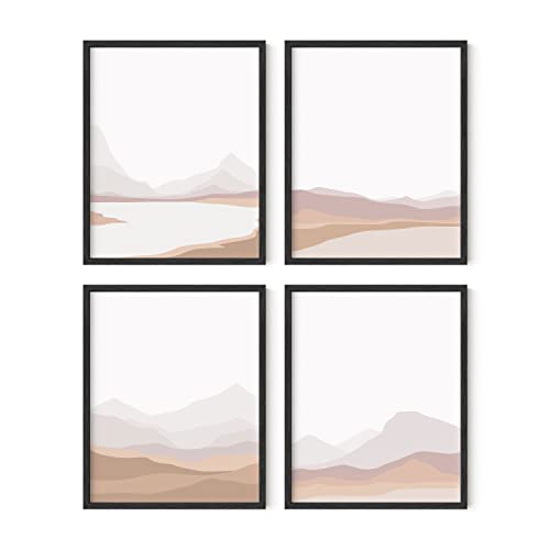 HAUS AND HUES Mountain Wall Art - Set of 4 Mid-Century Modern Landscape Decor, Nature & Modern Art Wall Art | Black Framed 8x10 - color: Blush Mountain Landscape, size: 8x10, style: Black Framed