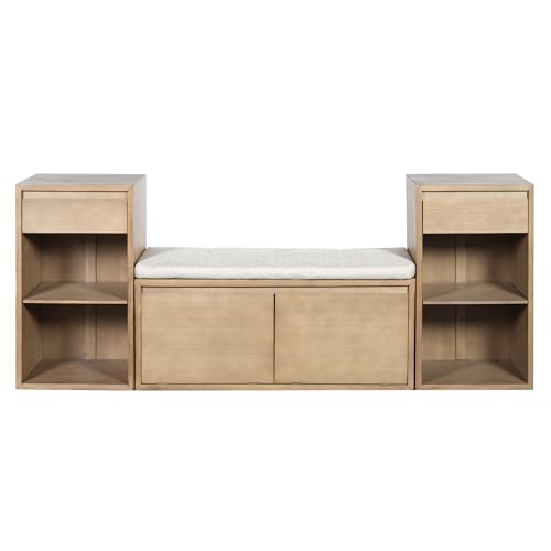 JIJIWANG 77.48" W Entryway Storage Bench with Cushion, 4-in-1 Hallway Bench with Drawers, Compartments and Open Shelves, Mudroom Bench for Shoes and Storage, Brown - color: Brown