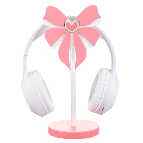 Kingdder Pink Bow Headphone Stand Cute Wood Headphone Stand Adorable Headset Holder Accessories Gamer Gifts for Teenage Women Teacher Girlfriend Office Worker Wife Gamer Room Decor Office Desk - style: Pink Bow