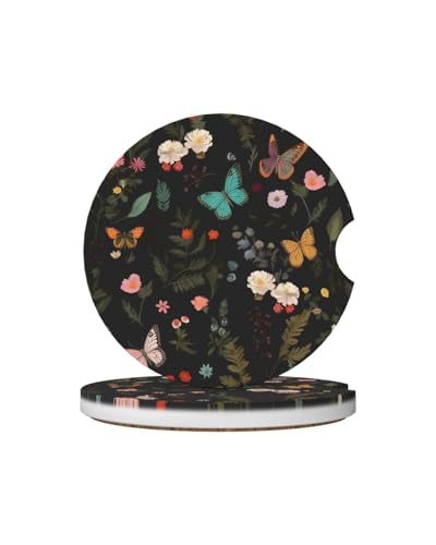 Car Cup Holder Coasters, 2 Pcs Ceramic Coasters with Finger Slot and Cork Back, Anti-Slip Shock Absorbing Women and Men Universal Car Accessories - Flower Butterfly - color: Flower Butterfly