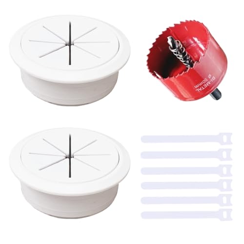 2 Pack Desk Grommet 2 Inch (50 mm) White, Desk Hole Cover for Cables, White Desk Cord Hole Cover for Office Home Table, Cable Grommet with 1 Hole Saw Drill Attachment & 6 Cable Ties - color: White