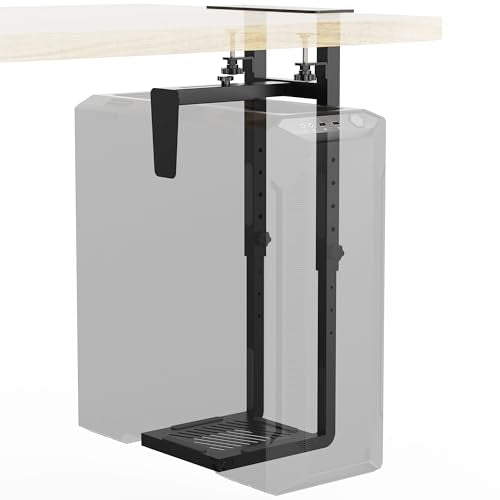 Adjustable Under Desk PC Mount, Clamp & Drill CPU Holder, 66LBS Capacity with Anti-Fall Baffle & Anti-Slip Pads for Standing Desk, Black