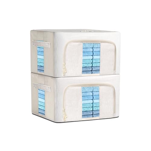Foldable Clothes Storage Bins with Solid core powder-coated steel fram, 24/ 66L Storage Bags Fabric Box Organizer with Clear Window Zippers Sturdy Handles 2 Pack (Beige, 24L 2Pack) - size: 24L 2Pack
