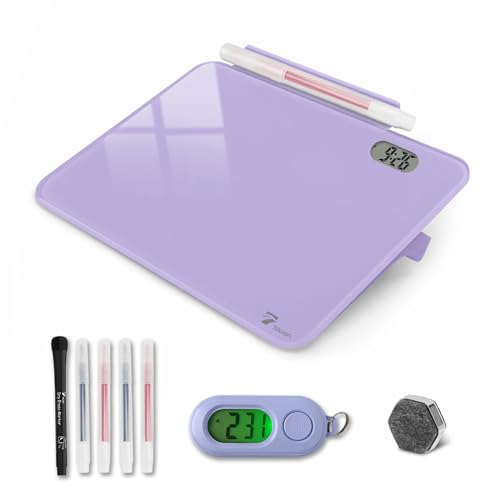 Small Glass Desk Whiteboard Dry-Erase Board with Clock, Small Travel Clock Keychain with Desk Notepad, Time Table Whiteboard for Desk Digital LED Light Display, 8x6 in with Accessories, Purple - color: Purple With Clock