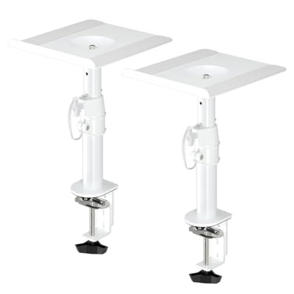 suptek Clamp-on Speaker Stand Desk Mount Set, Height Adjustment, Tilt, Swivel, 9.6 x 8.8 inch Trays, Universal Audio Holders for Computer and Bookshelf Speakers, Elevated Sound, 2 Pack, White, SDM001W - color: White