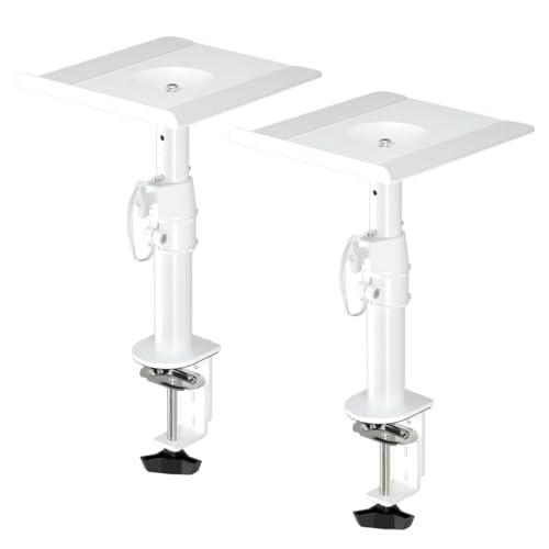 suptek Clamp-on Speaker Stand Desk Mount Set, Height Adjustment, Tilt, Swivel, 9.6 x 8.8 inch Trays, Universal Audio Holders for Computer and Bookshelf Speakers, Elevated Sound, 2 Pack, White, SDM001W - color: White
