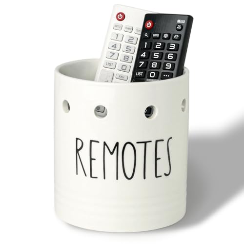LEETOYI Farmhouse Ceramic Remote Control Holder, 4.9" Remote Caddy Storage White