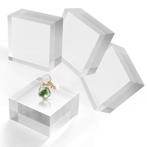 SAMYUCHO Acrylic Base Stand 4 Pieces Acrylic Blocks for Display 4 X 4 X 2 Inch Clear Polished Block Square Cube Riser Display Pedestal Stands for Jewelry Perfume Ring Collection Props Cake